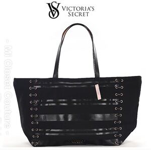 Victoria’s Secret Black Canvas Weekender Rose Gold Lace Up Tote Bag